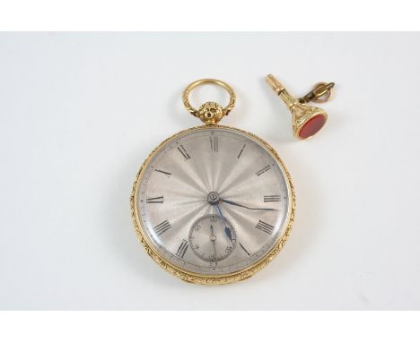 AN 18CT. GOLD OPEN FACED POCKET WATCH the silvered dial with Roman numerals and subsidiary seconds dial, hallmarked for Londo