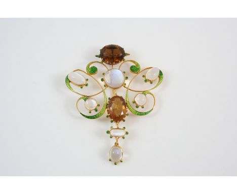 A MOONSTONE, CITRINE AND ENAMEL BROOCH the openwork green enamel design is set with two oval-shaped citrines and with cabocho
