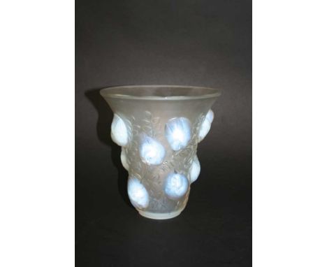 LALIQUE VASE in the St Francois design, the opalescent and frosted glass vase designed with Birds and leaves. Marked, R Laliq