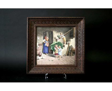 ITALIAN GINORI PORCELAIN PLAQUE the porcelain plaque painted with children playing, in a village scene and in a carved wooden