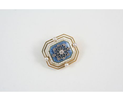 AN ENAMEL, DIAMOND AND PEARL BROOCH set with a central panel of blue guilloche enamel with diamond openwork foliate decoratio