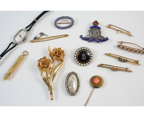 A QUANTITY OF JEWELLERY including a gold propelling pencil by S. Mordan & Co., a lady's diamond cocktail wristwatch, two gold