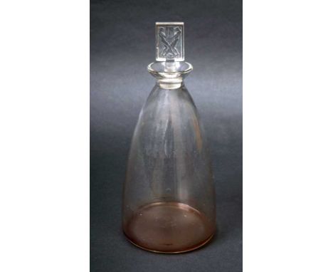 LALIQUE DECANTER & STOPPER a clear glass decanter, the rectangular stopper designed with two figures holding hands. Marked, R