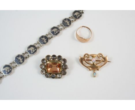 A GEORGIAN PASTE SET BROOCH set in gold, 3cm. wide, an Art Nouveau 15ct. gold brooch, centred with an opal cabochon and with 