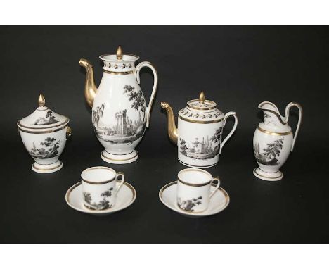 19THC FRENCH TEA & COFFEE SERVICE each piece painted with a variety of landscape scenes, and with gilded floral decoration. C