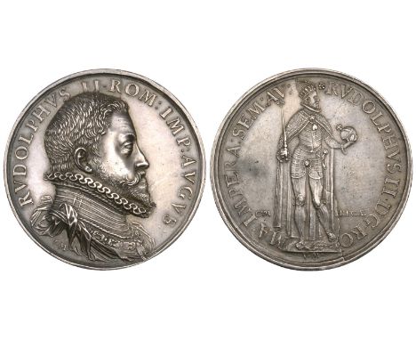 Holy Roman Empire, Rudolph II (1576-1612), silver portrait medal by Valentin Maler, armoured bust right wearing ruff, rev., R