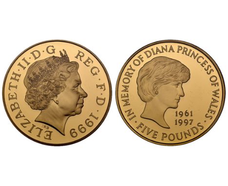 Elizabeth II, Memorial to Diana, Princess of Wales, proof five-pounds or crown in gold, 1999, by Royal Mint, rev., portrait o