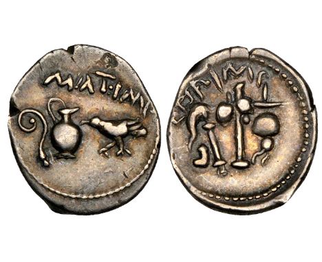 Mark Antony and Lepidus, quinarius, 43 BC, lituus, jug and raven, rev., simpulum, aspergillum, axe and apex, 1.75g (Cr. 489/3