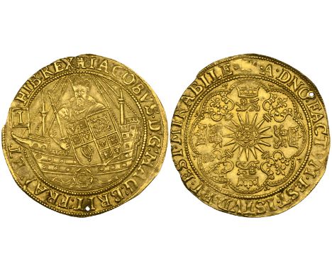 *James I, Second Coinage, spur-ryal, m.m. tower, obv., King in galleon holding sword and shield, i on standard at prow and a 