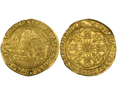 *James I, Second Coinage, spur-ryal, m.m. tower, obv., King in galleon holding sword and shield, i on standard at prow and a 