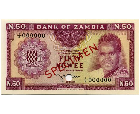 Zambia, Bank of Zambia, 1968 undated issue, specimen 50 ngwee, 1, 2 and 10 kwacha, with zero serial numbers, all similarly pu