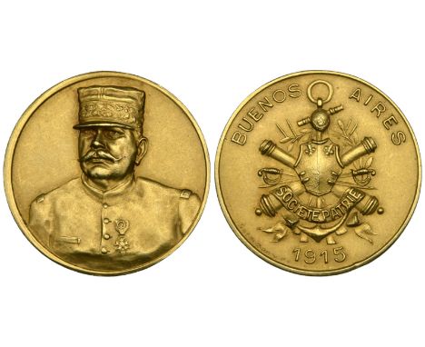 Gold Medalets: Marshal Foch, portrait medalet, 1915, in 18 carat gold, rev., trophy of arms, societe patrie on banner, buenos