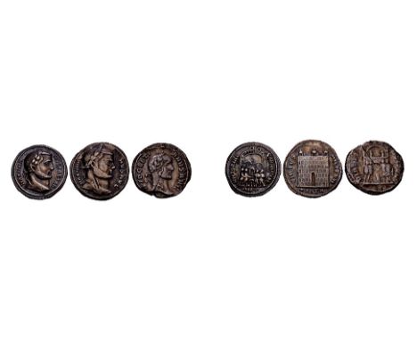 Galerius as Caesar (293-305), argenteus (illustrated), Antioch, 294/5, laureate head right, rev., four princes at camp gate, 