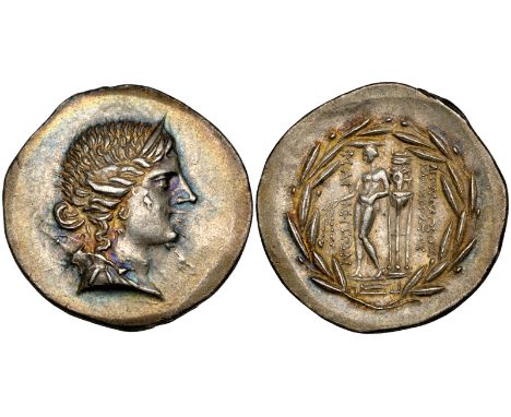 Ionia, Magnesia, tetradrachm, c. 150 BC, head of Artemis right, rev., Apollo resting against tripod; magistrates Apollodoros 