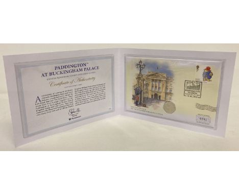 A Westminster Collection Limited Edition 2018 Paddington at Buckingham Palace stamp and coin cover.   With stamp date error -