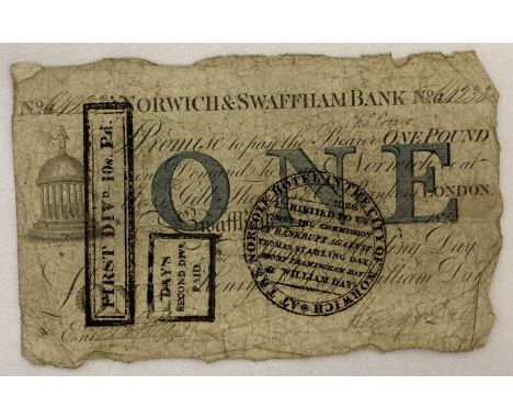 A Norwich &amp; Swaffham One Pound bank note 1826. No.H4233.  Note also has First Division 10 shilling stamp. Front of note d