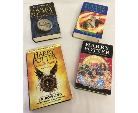 3 first edition Harry Potter novels. Half-Blood Prince and 2 x Deathly Hallows.  Together with a Special Rehearsal Edition Sc