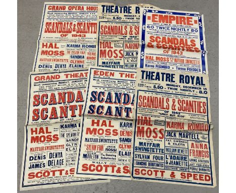 6 vintage theatre posters for "Scandals &amp; Scanties", showing in 1942/3 at various locations.   Each approx. 77cm x 51cm.