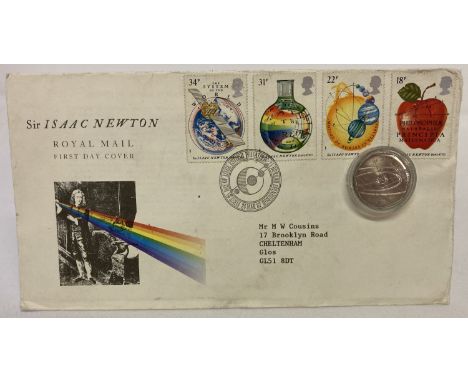 A 2017 Sir Isaac Newton 50p coin, in plastic capsule.  Together with a 1987 Sir Isaac Newton first day cover. 