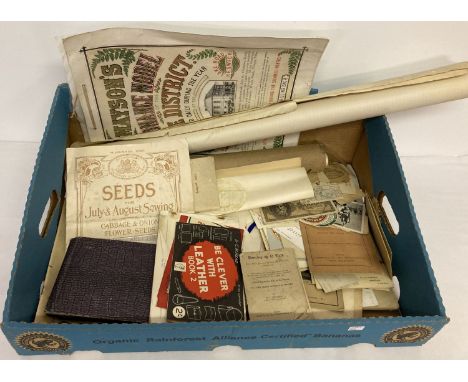 A box of assorted misc. vintage ephemera. To include: cigarette cards, beer labels, Ordnance Model display poster, plans &amp
