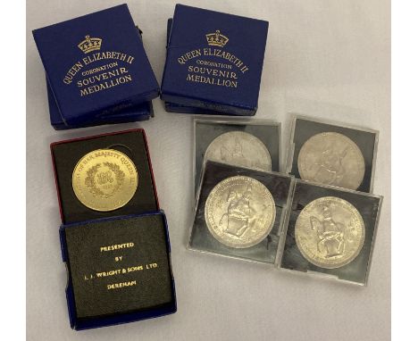 5 x 18ct gold plated Queen Elizabeth II Coronation Souvenir Medallions.  Each coin was presented by local tractor and car dea