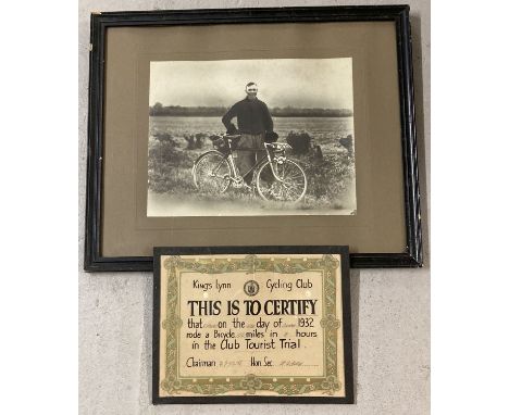 A framed and glazed Kings Lynn Cycling Club certificate for 100 miles in 8 hours.  Awarded to C Wright 23rd October 1932. Tog