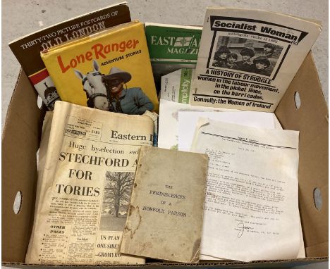 A box of assorted vintage ephemera and books.  To include: East Anglian Magazine, Lone Ranger story book, Socialist Woman mag