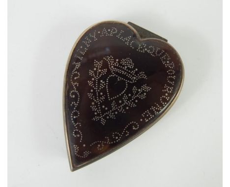 A French 19thC heart shaped patch box and hinged cover, decorated in silver stud work with a coronet, heart and 'Il ay a plac