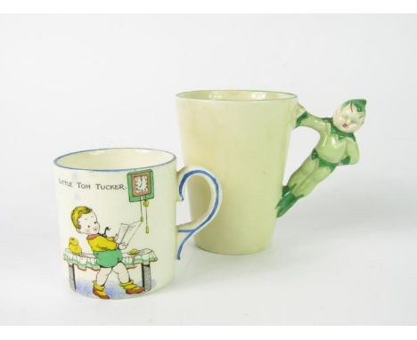 A Clarice Cliff child's mug with an imp handle, and a further mug printed with Little Tom Tucker, (2).