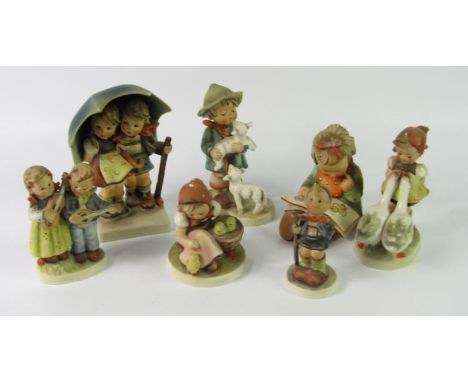 Seven Hummel figures, comprising Stormy Weather, Duet, Book Worm, Goose Girl, Chick Girl, Little Hiker and Shepherd's Boy, (A