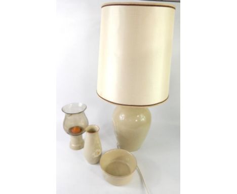 A Denby pottery table lamp, decorated in the Daybreak pattern, with shade, 73.5cm high, together with a candle light, oven di