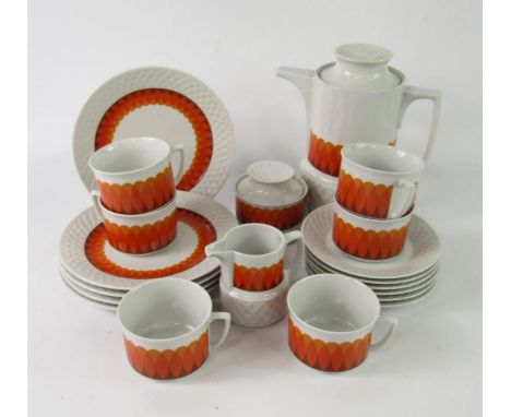 A Schinding Bavarian 1970's porcelain part coffee service, decorated with a band of orange interlocking ovals, comprising cof