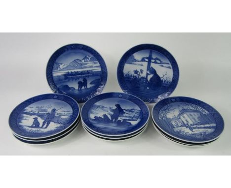 Ten Royal Copenhagen porcelain blue and white enamel plates, 1968 and 1970-78, and a Bing & Grondahl Christmas plate 1971, (1