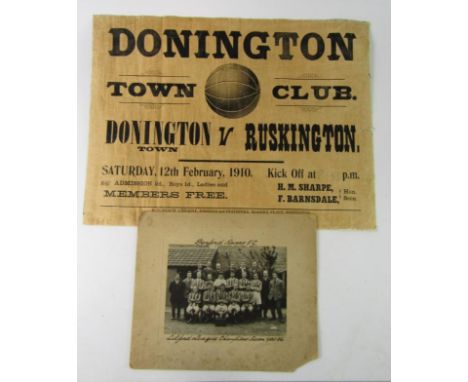 A Donington Town Football Club poster, advertising Donington Town vs Ruskington, 12th February 1910, by R W Peach, chemist, p