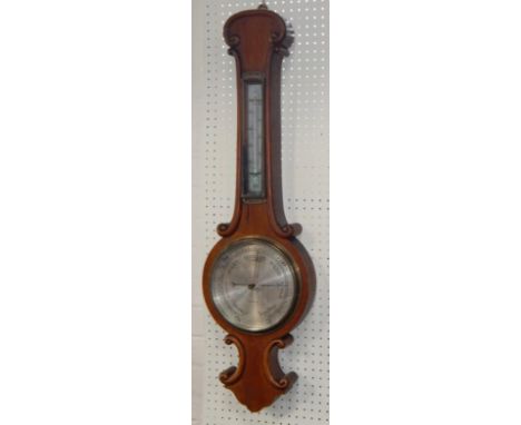 A Holosteric Victorian oak cased wheel barometer and thermometer, 95cm long, (AF).