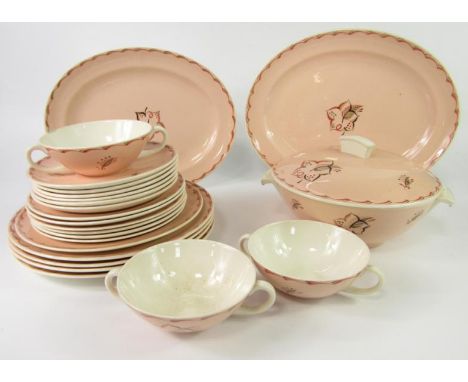 A Poole Pottery early 20thC part dinner service, decorated with leaves against a pink ground, comprising pair of graduated me