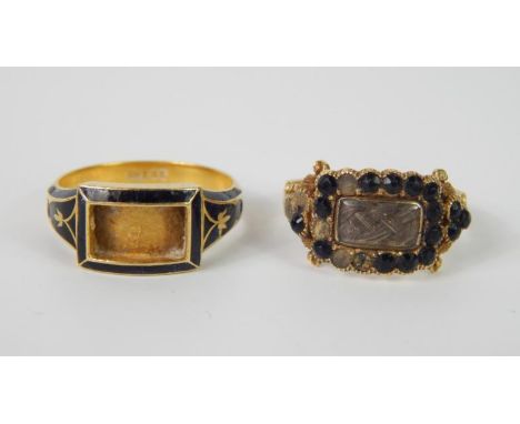 Two 19thC 18ct gold mourning rings, one to Mary 10 March 1889, not lost but gone before, size R/S, the other to Hannibal Sand