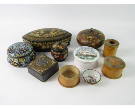 A Continental brass and champleve enamel box and cover, four lacquered boxes, and sundries, (10).