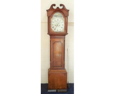 A George III oak and mahogany longcase clock by W Sharp, Bourn, the break arch enamel dial painted with a moonlit landscape, 