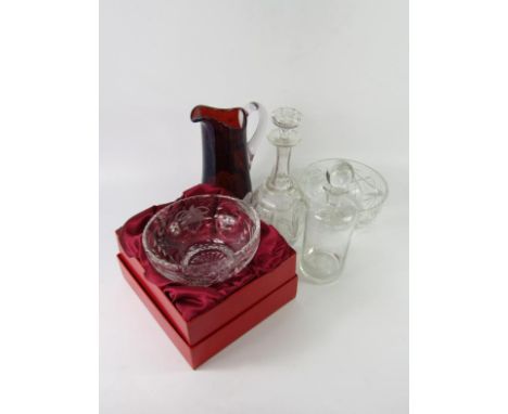 A Royal Brierley Fuchsia pattern cut glass fruit bowl, boxed, Victorian cut glass decanter and stopper, further decanter and 