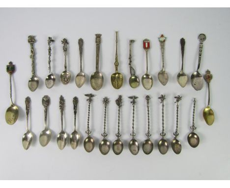 Continental white metal and brass commemorative coffee spoons, teaspoons and anointing spoons, some with enamel set terminals