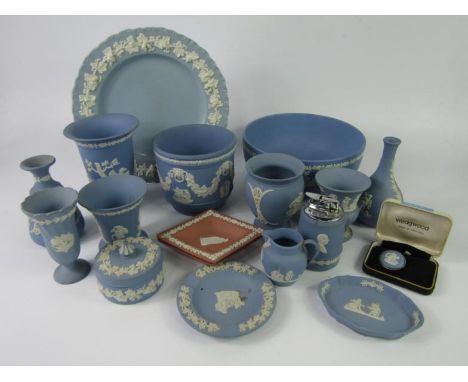 Wedgwood light blue Jasperwares, including vases, jardiniere, fruit bowl, plate and dishes, (qty).