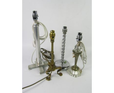 An Art Deco spiral twist chrome table lamp, 32cm high, brass table lamp, cut glass and plated table lamp, and a further table