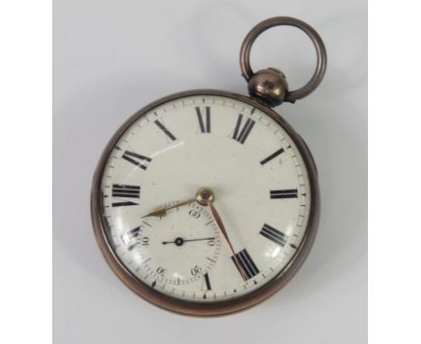 A George III silver cased open faced gentleman's pocket watch, key wind, enamel dial bearing Roman numerals, subsidiary secon