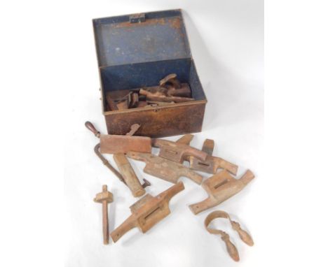 A tin trunk containing cooper's tools, (qty).