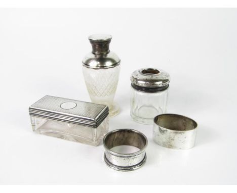 A Victorian cut glass dressing table box, with engine turned silver lid, London 1851, cut glass hair tidy with silver lid, Lo