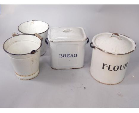 A white enamel bread bin, of rectangular form, circular white enamel flour bin and two enamel buckets, (4).