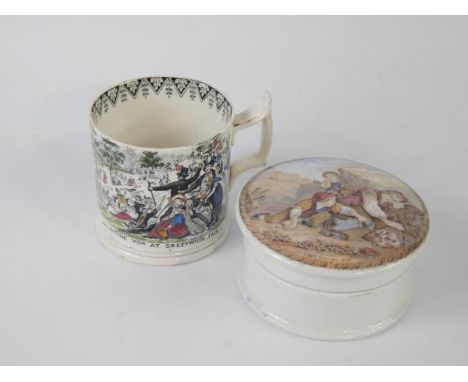 A Prattware pot and lid printed with I See You My Boy, and an early 19thC polychrome mug printed with The Royal Observatory G