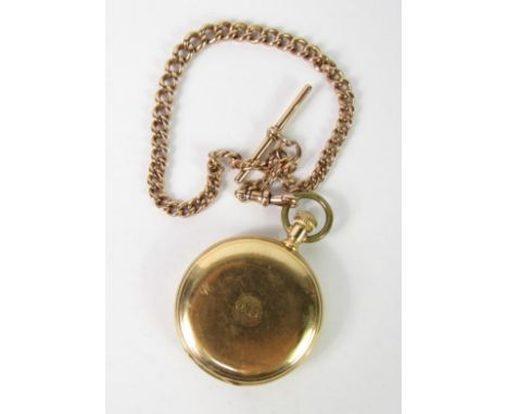 A Riggs & Bros 18ct gold gentleman's hunting cased pocket watch, keyless wind, enamel dial bearing Arabic numerals, subsidiar