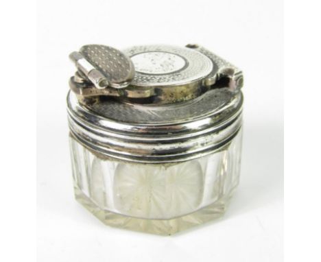 A Victorian silver and cut glass travelling inkwell, with engine turned decoration, London 1851.